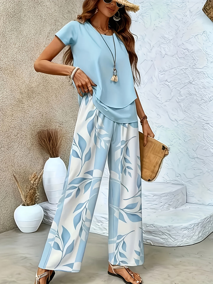 Nora │ Women's Short Sleeve Top And Wide Leg Trousers Two Piece Set