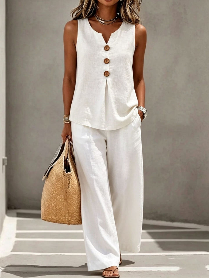 Daisy │ Women's Sleeveless Button Front Top And Wide Leg Trousers Two Piece Set