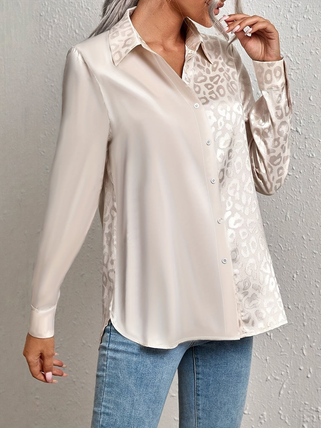 Vera │ Women's Satin Long Sleeve Blouse With Leopard Print