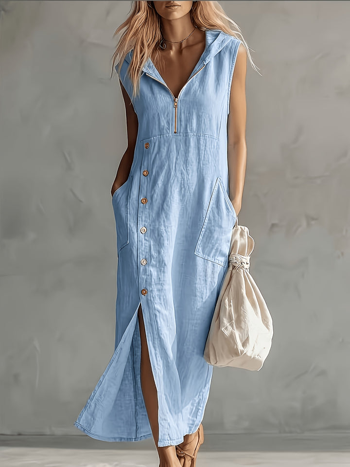 Nadine │ Women's Sleeveless Hooded Maxi Dress With Zip Front And Button Detail