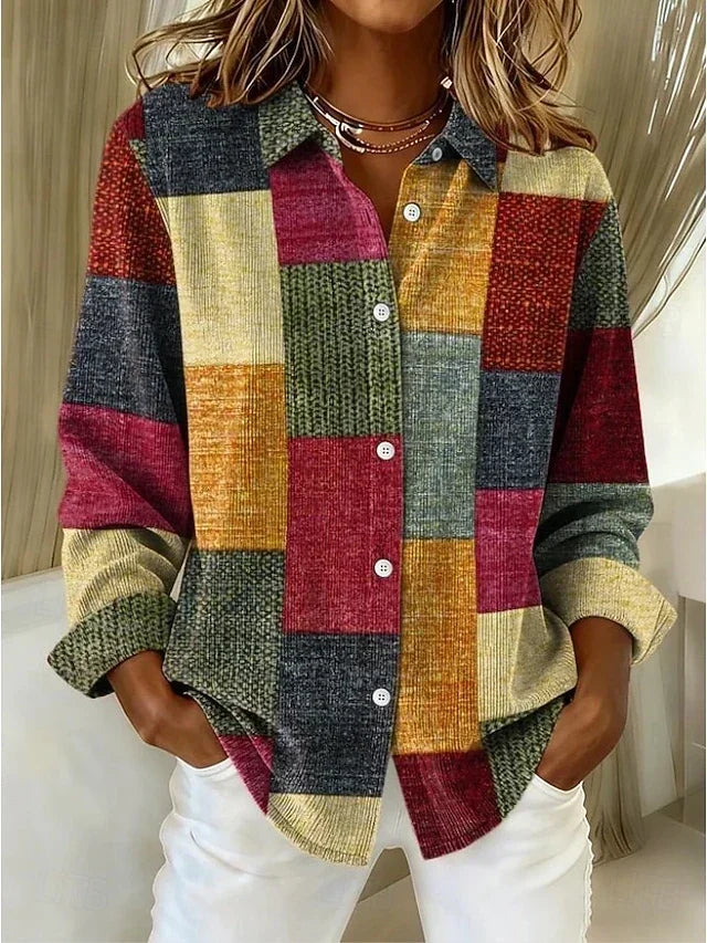 Sheila │ Women's Patchwork Print Spread Collar Button Front Blouse