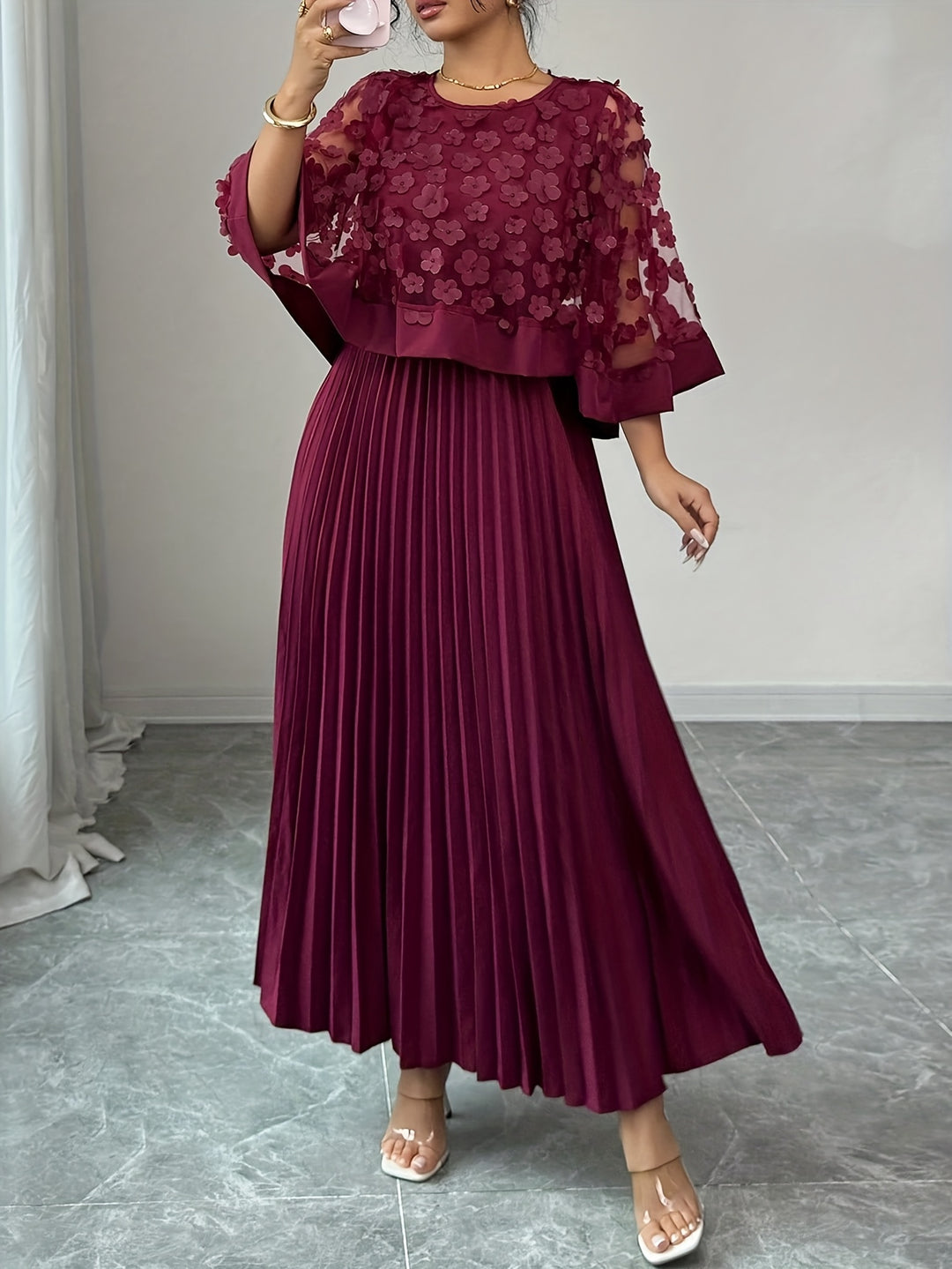 Beatrice │ Women's 3D Floral Appliqué Wedding Guest Maxi Dress With Pleated Skirt