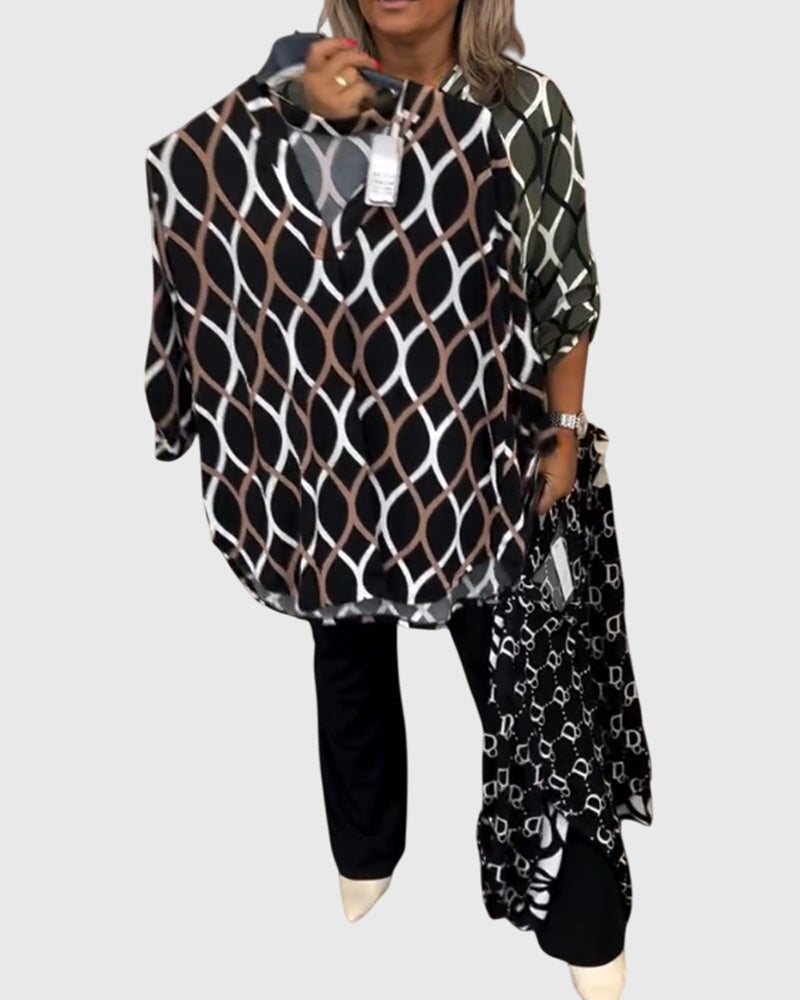 Charlotte │ Women's Long Sleeve V-Neck Blouse With Geometric Print