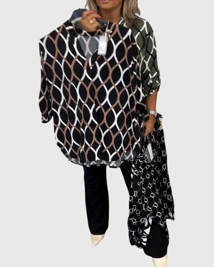 Charlotte │ Women's Long Sleeve V-Neck Blouse With Geometric Print