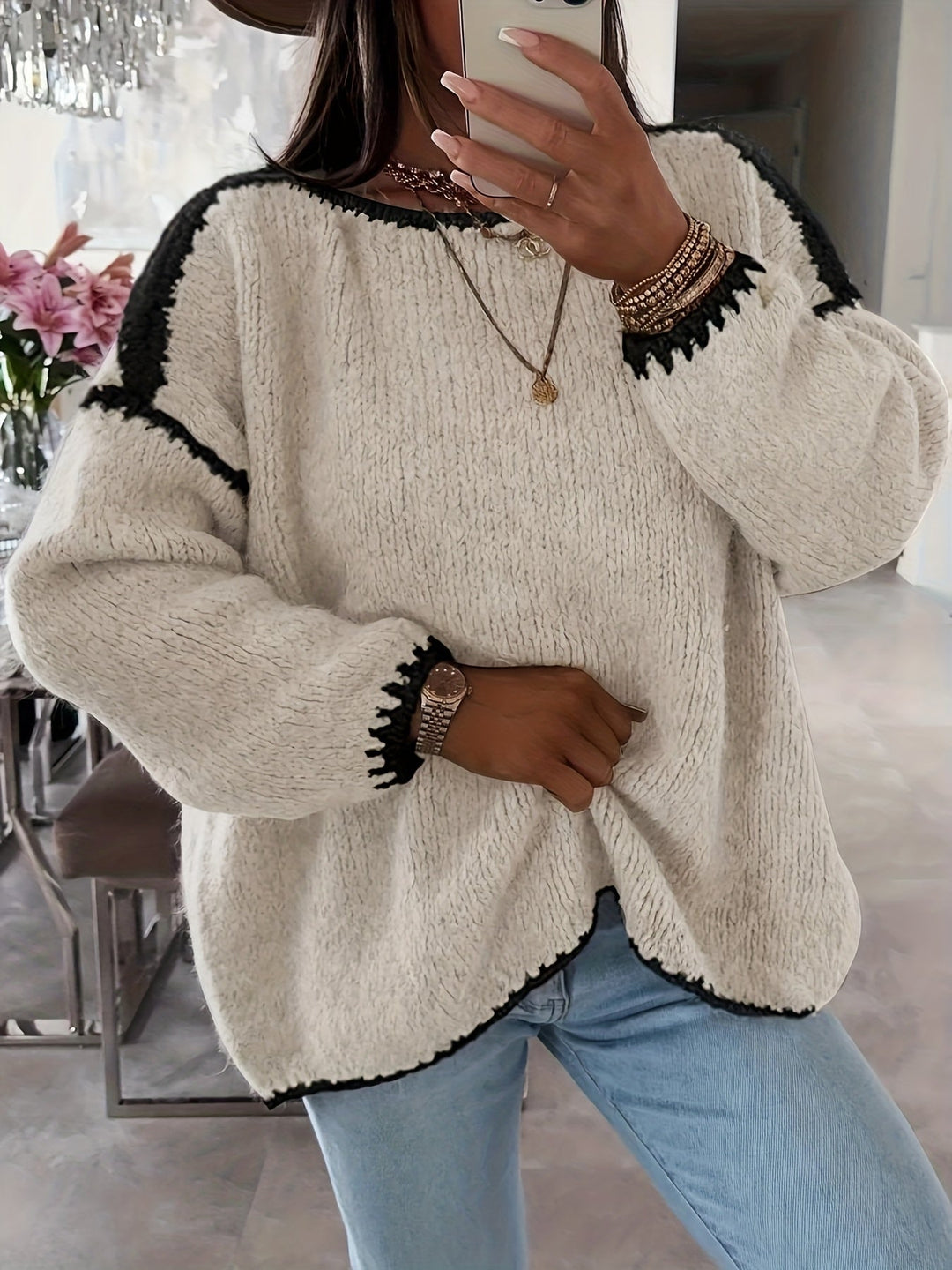Naomi │ Women's Loose Fit Boat Neck Sweater With Contrast Trim