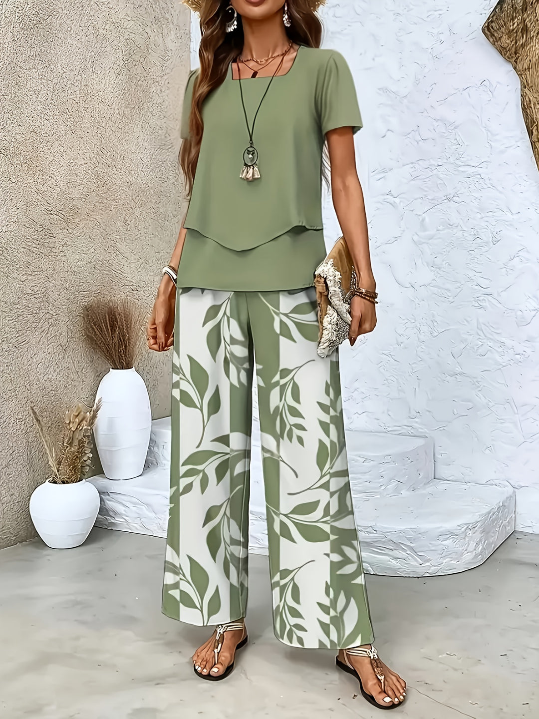 Nora │ Women's Short Sleeve Top And Wide Leg Trousers Two Piece Set