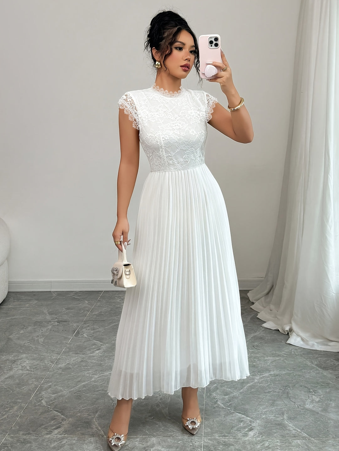 Edith │ Women's Lace Bodice Pleated Wedding Guest Maxi Dress