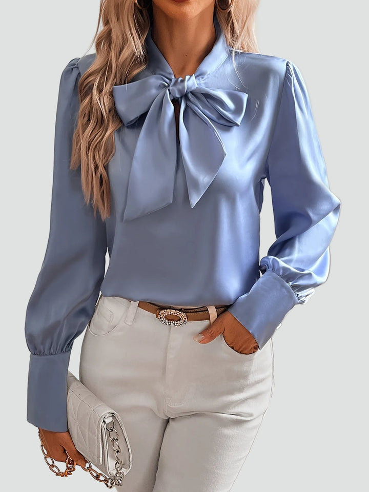 Claudia │ Women's Satin Bow-Neck Blouse With Gathered Sleeves