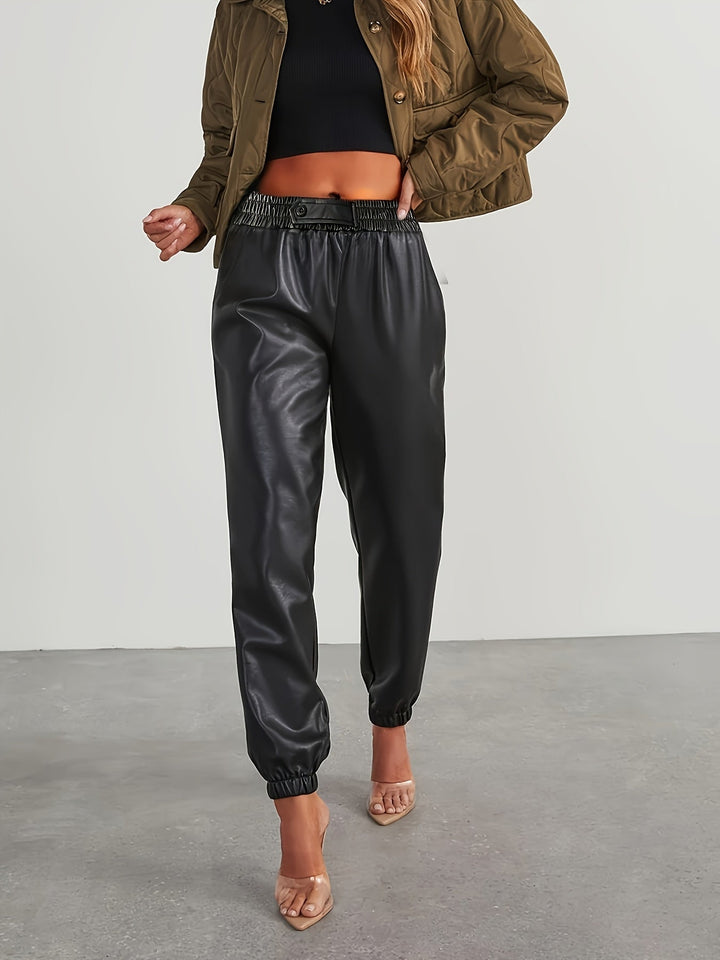 Martha │ Women's Leather-Look Tapered Trousers With Elasticated Waist And Cuffed Ankles