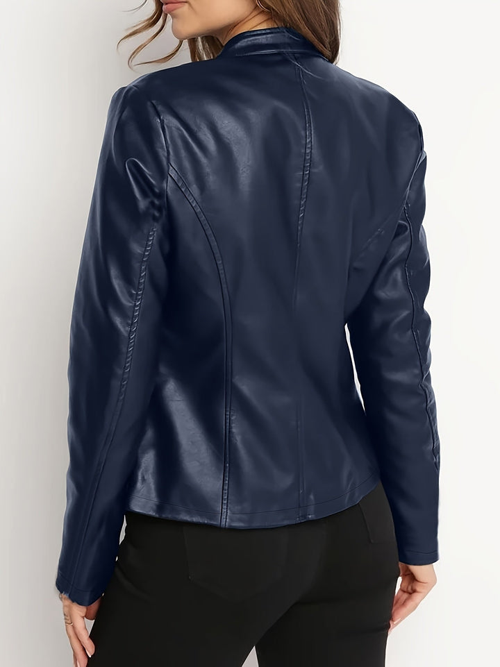 Margaret │ Women's Leather Biker Jacket With Stand Collar And Zip Front