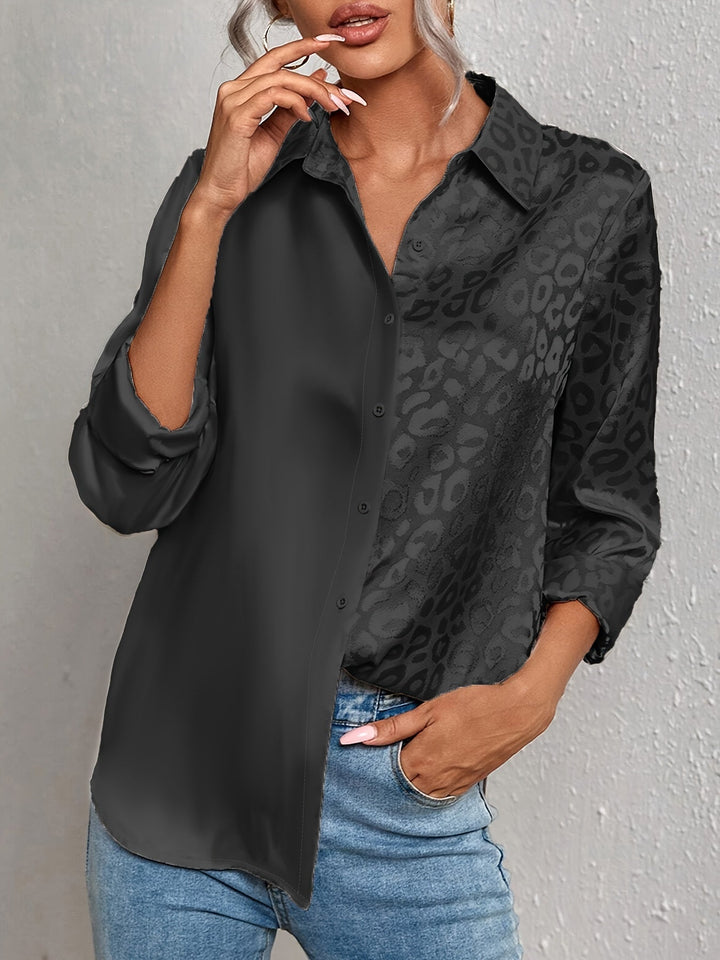 Vera │ Women's Satin Long Sleeve Blouse With Leopard Print