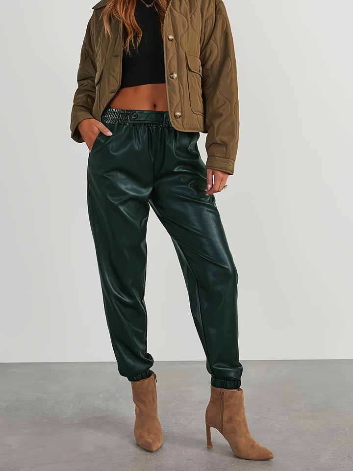 Martha │ Women's Leather-Look Tapered Trousers With Elasticated Waist And Cuffed Ankles