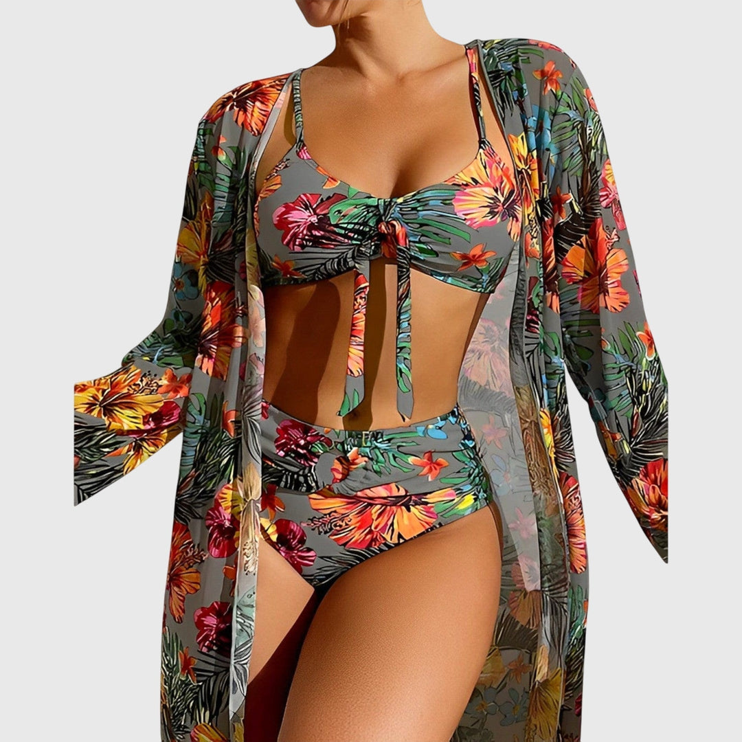 Elena │ Women's Floral Tie-Front Bikini Swimwear Set With Cover-Up