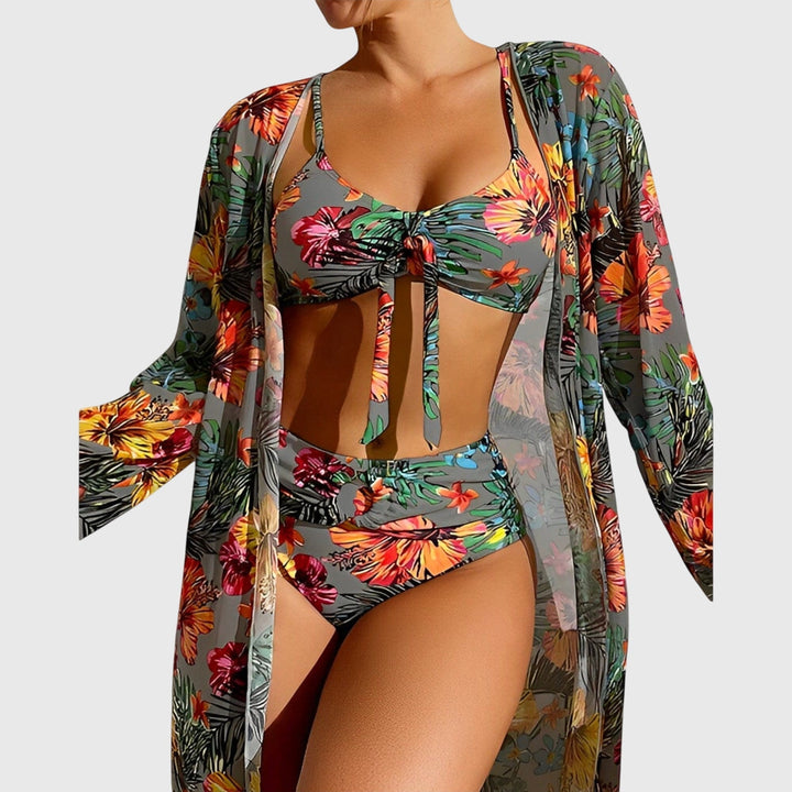 Elena │ Women's Floral Tie-Front Bikini Swimwear Set With Cover-Up
