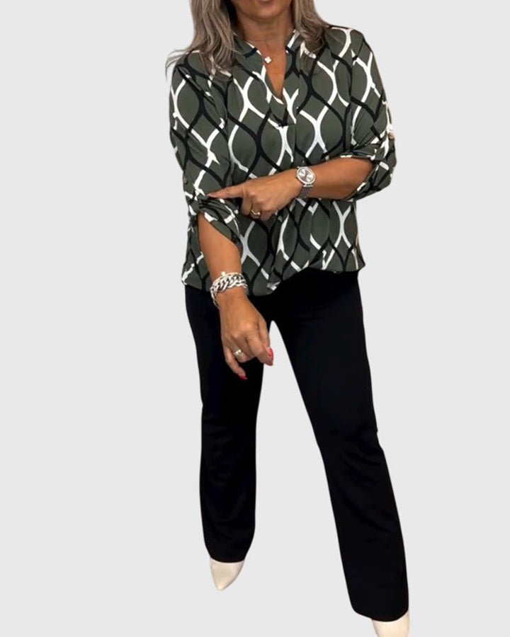 Charlotte │ Women's Long Sleeve V-Neck Blouse With Geometric Print