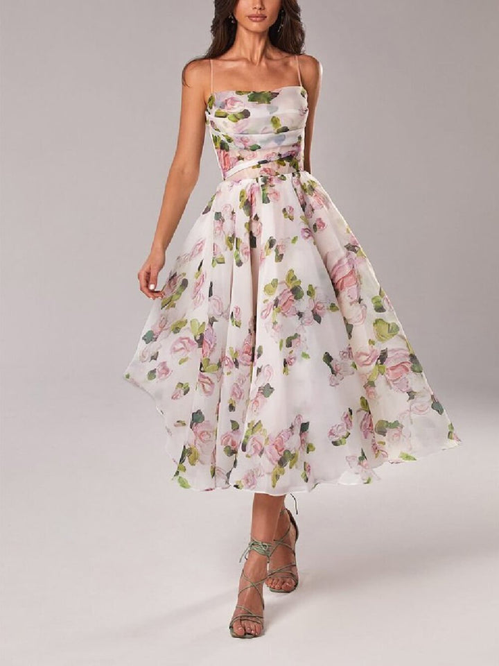 Eleanor │ Women's Floral Spaghetti Strap Cowl Neck A-Line Midi Dress