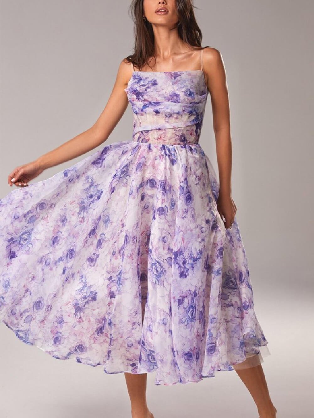 Eleanor │ Women's Floral Spaghetti Strap Cowl Neck A-Line Midi Dress