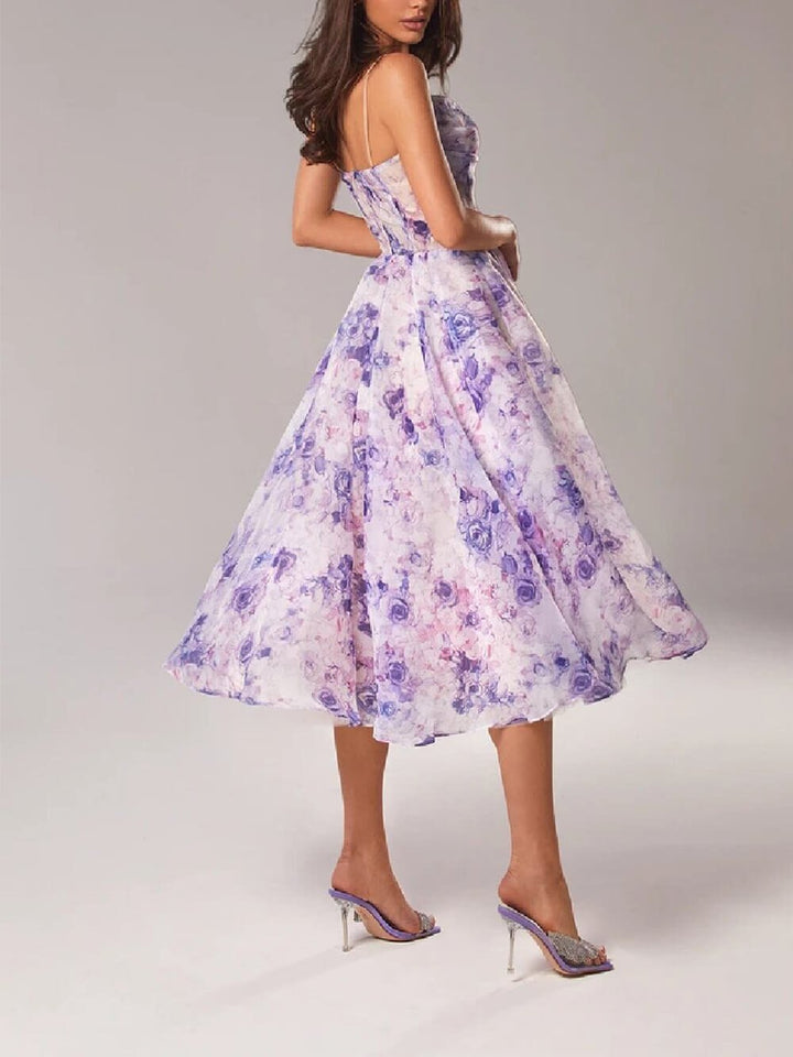 Eleanor │ Women's Floral Spaghetti Strap Cowl Neck A-Line Midi Dress
