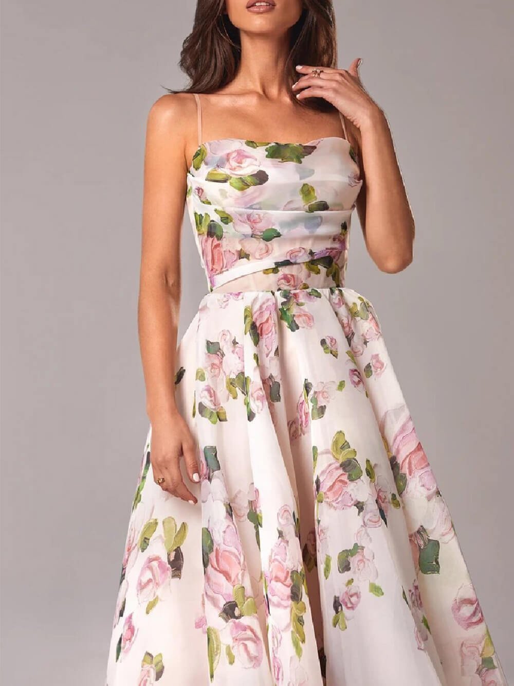 Eleanor │ Women's Floral Spaghetti Strap Cowl Neck A-Line Midi Dress