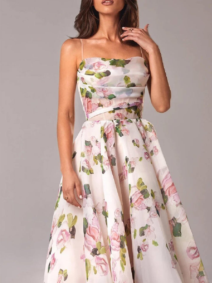Eleanor │ Women's Floral Spaghetti Strap Cowl Neck A-Line Midi Dress