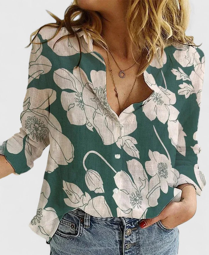 Sheila │ Women's Linen V-Neck Button Front Long Sleeve Blouse