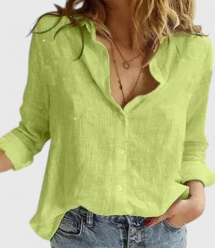 Sheila │ Women's Linen V-Neck Button Front Long Sleeve Blouse