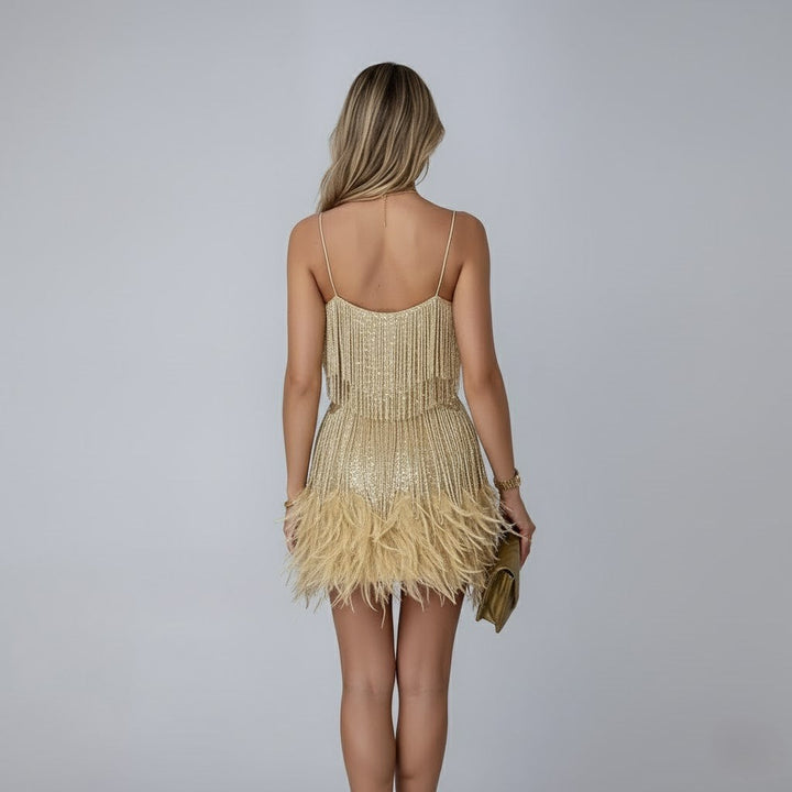 Aurelie │ Women's Beaded Fringe Mini Dress With Feather Hem And Spaghetti Straps