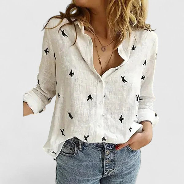Sheila │ Women's Linen V-Neck Button Front Long Sleeve Blouse