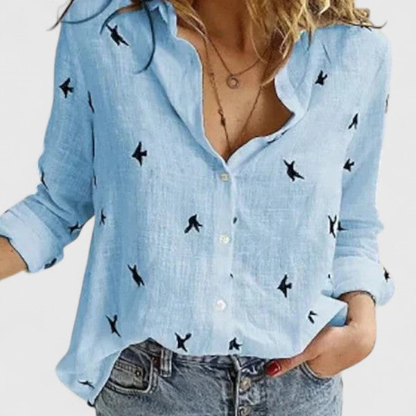 Sheila │ Women's Linen V-Neck Button Front Long Sleeve Blouse
