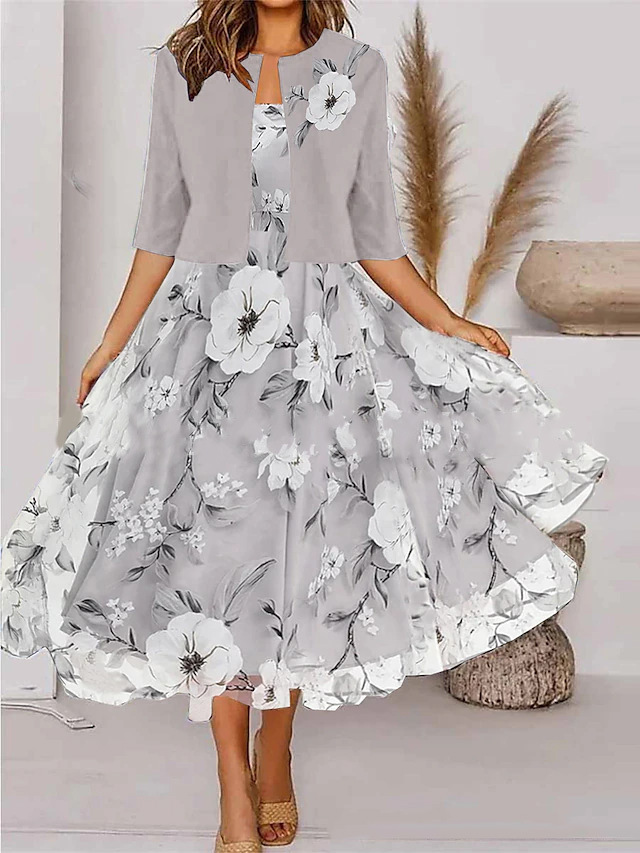 Persephone │ Women's Floral Print Two-Piece Midi Dress And Cropped Jacket Set