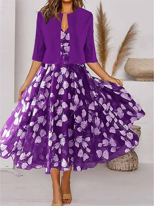 Persephone │ Women's Floral Print Two-Piece Midi Dress And Cropped Jacket Set