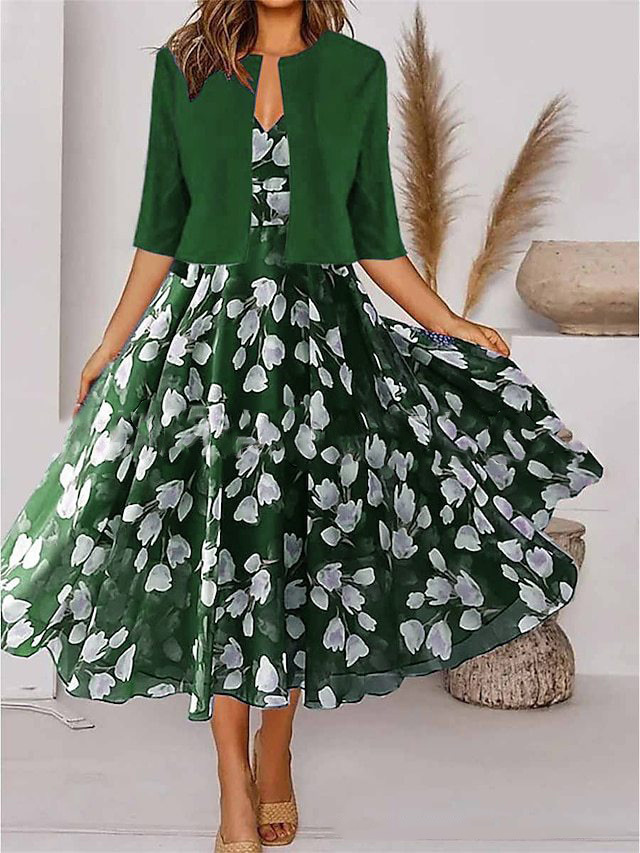 Persephone │ Women's Floral Print Two-Piece Midi Dress And Cropped Jacket Set