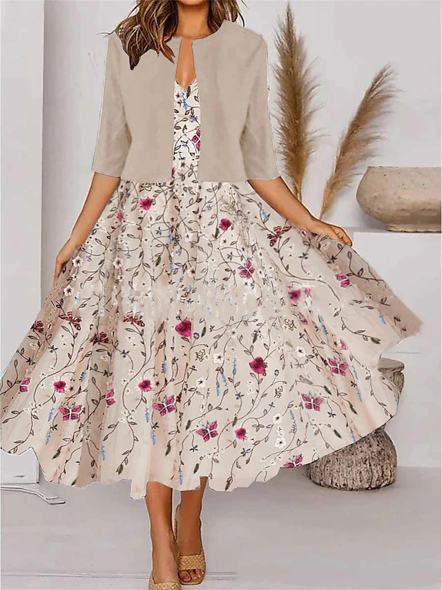 Persephone │ Women's Floral Print Two-Piece Midi Dress And Cropped Jacket Set