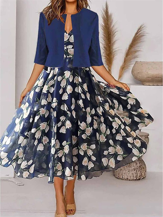 Persephone │ Women's Floral Print Two-Piece Midi Dress And Cropped Jacket Set