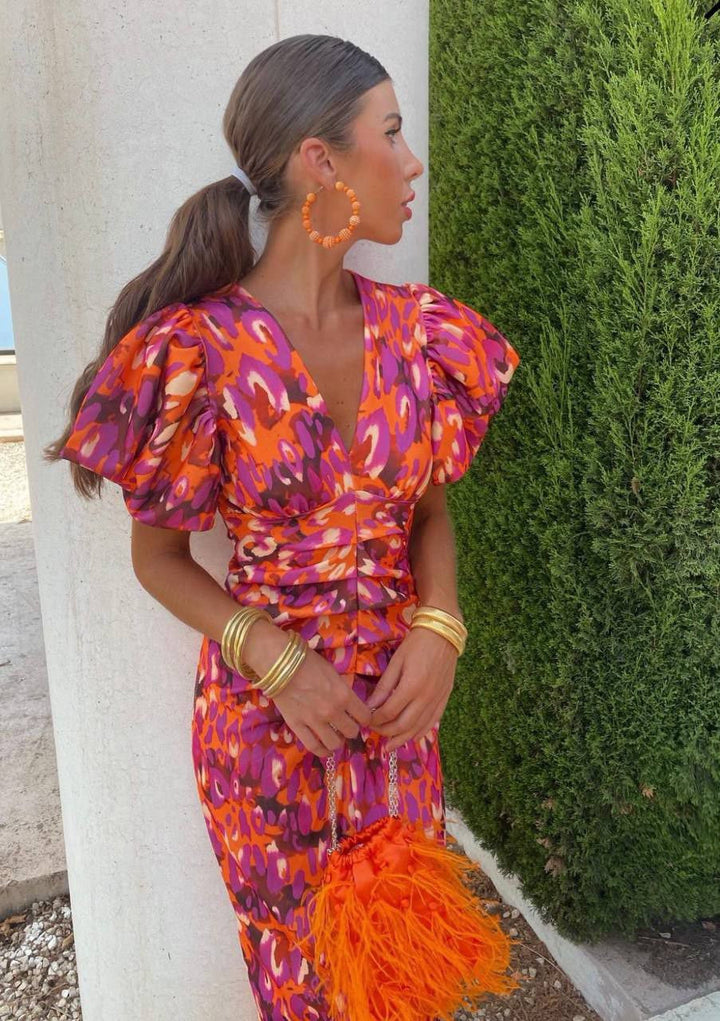Isolde │ Women's Abstract Print Puff Sleeve Midi Dress With Ruched Waist