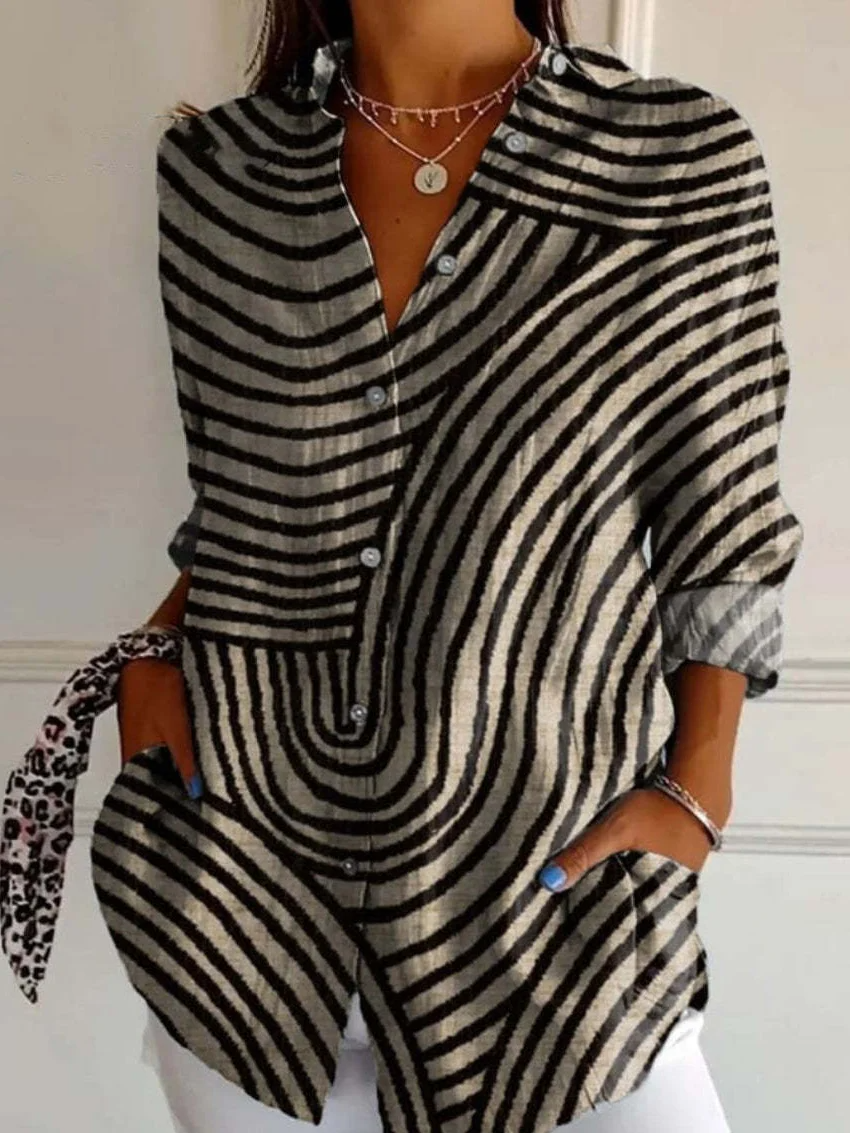 Willow | Women's Curved Stripe Button-Up Roll-Sleeve Blouse