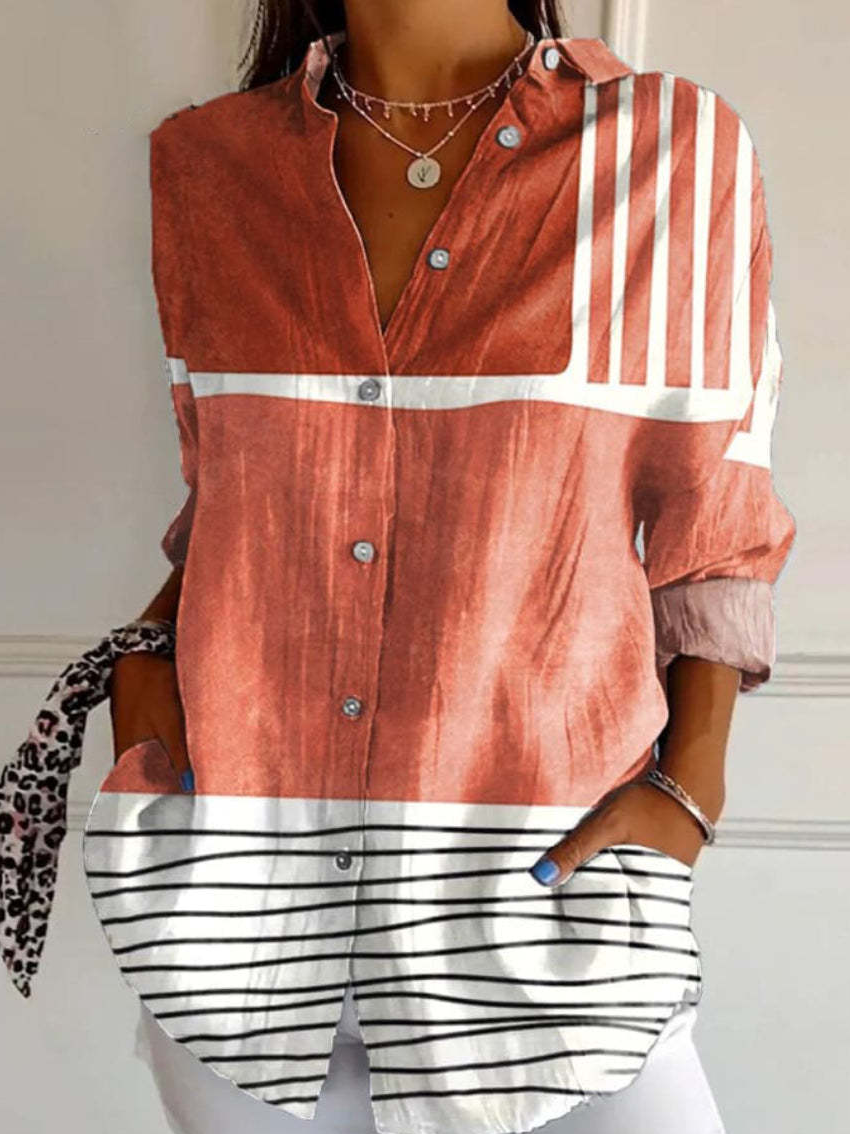 Willow | Women's Curved Stripe Button-Up Roll-Sleeve Blouse
