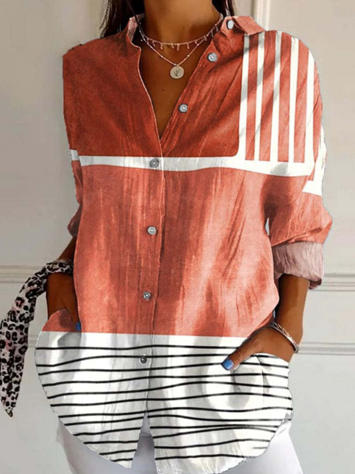 Willow | Women's Curved Stripe Button-Up Roll-Sleeve Blouse