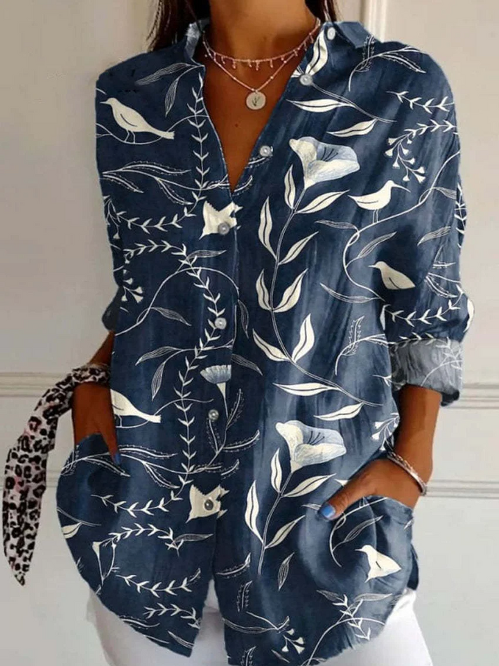 Willow | Women's Curved Stripe Button-Up Roll-Sleeve Blouse