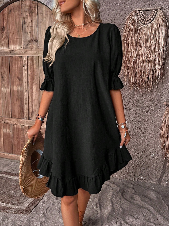 Phoebe │ Women's Linen Puff Sleeve Ruffle Hem A-Line Mini Dress For Summer