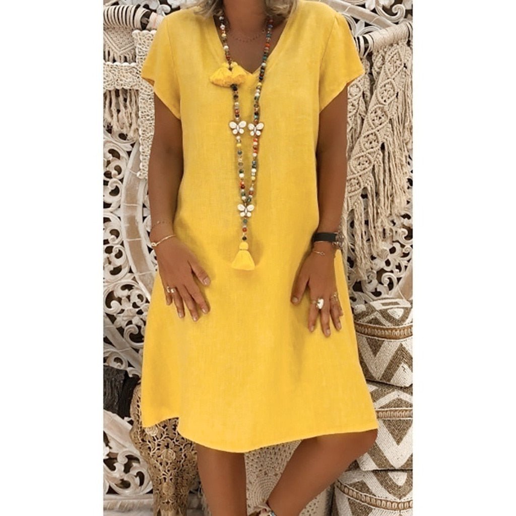 Ivy │ Women's Linen V-Neck Short Sleeve A-Line Mini Dress For Summer