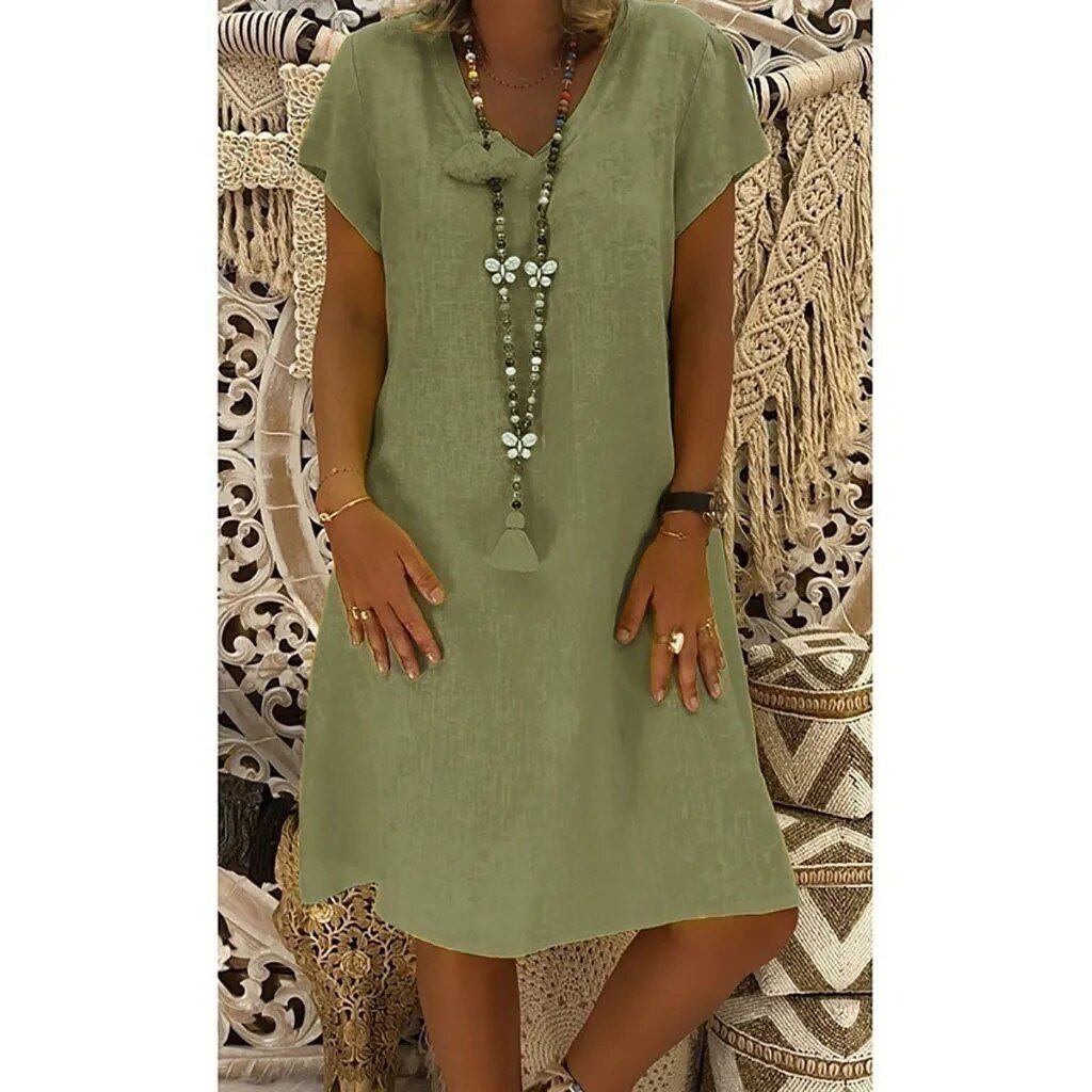 Ivy │ Women's Linen V-Neck Short Sleeve A-Line Mini Dress For Summer
