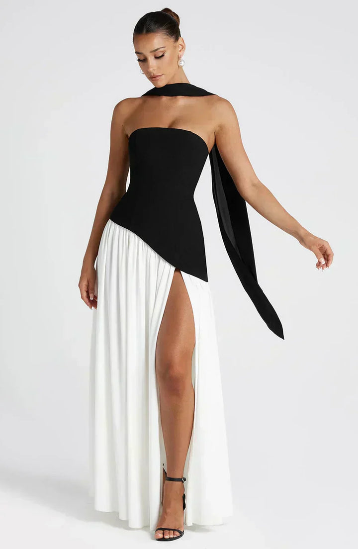 Zephyrine │ Women's Strapless Asymmetric Maxi Wedding Guest Dress With Halter Scarf