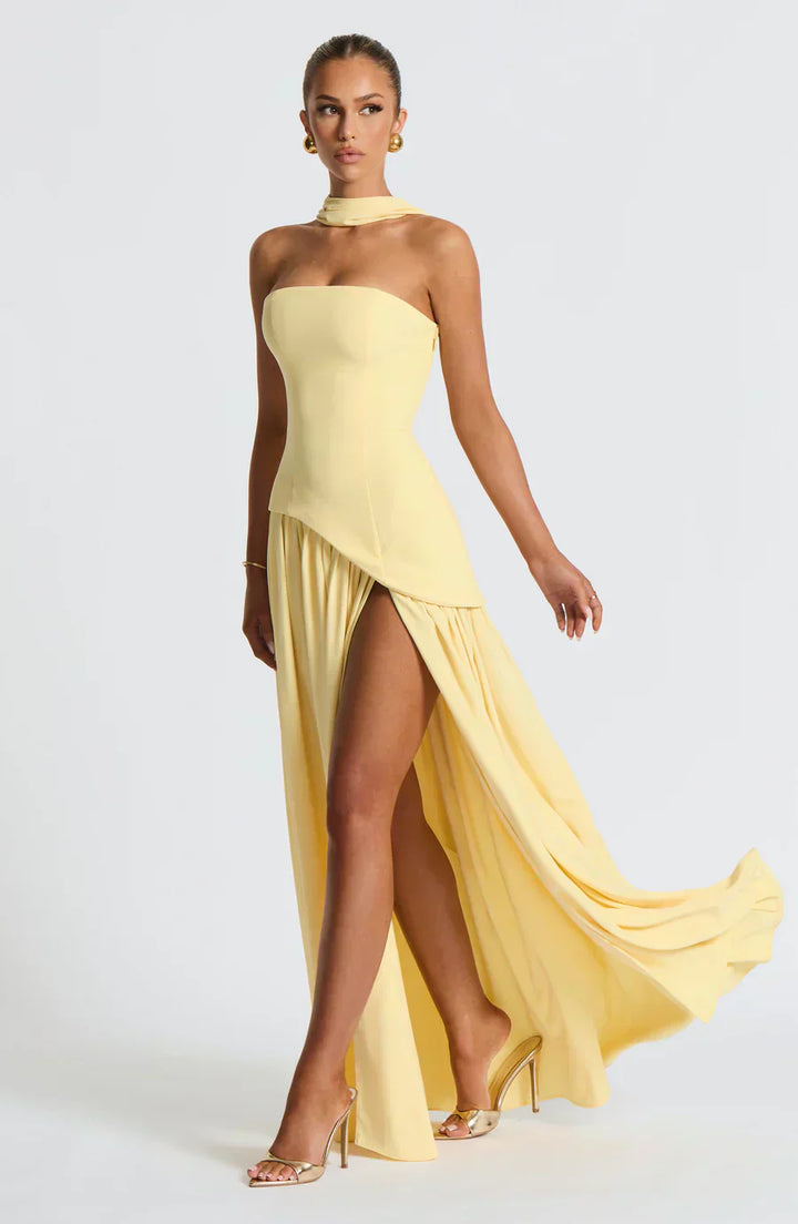 Zephyrine │ Women's Strapless Asymmetric Maxi Wedding Guest Dress With Halter Scarf