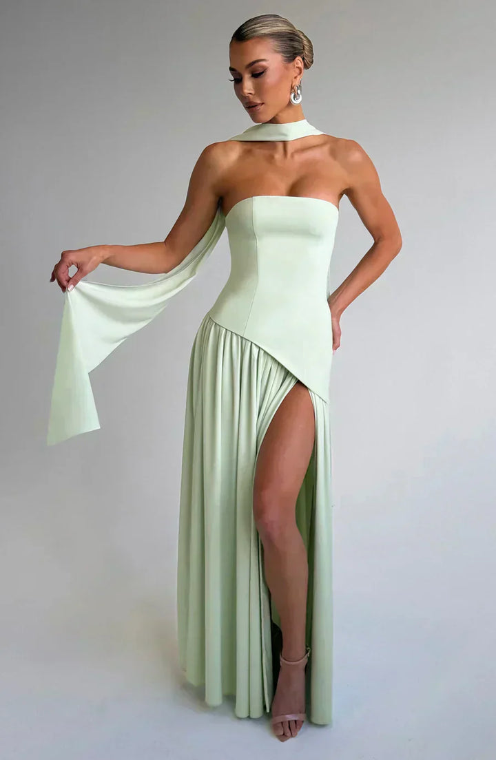 Zephyrine │ Women's Strapless Asymmetric Maxi Wedding Guest Dress With Halter Scarf