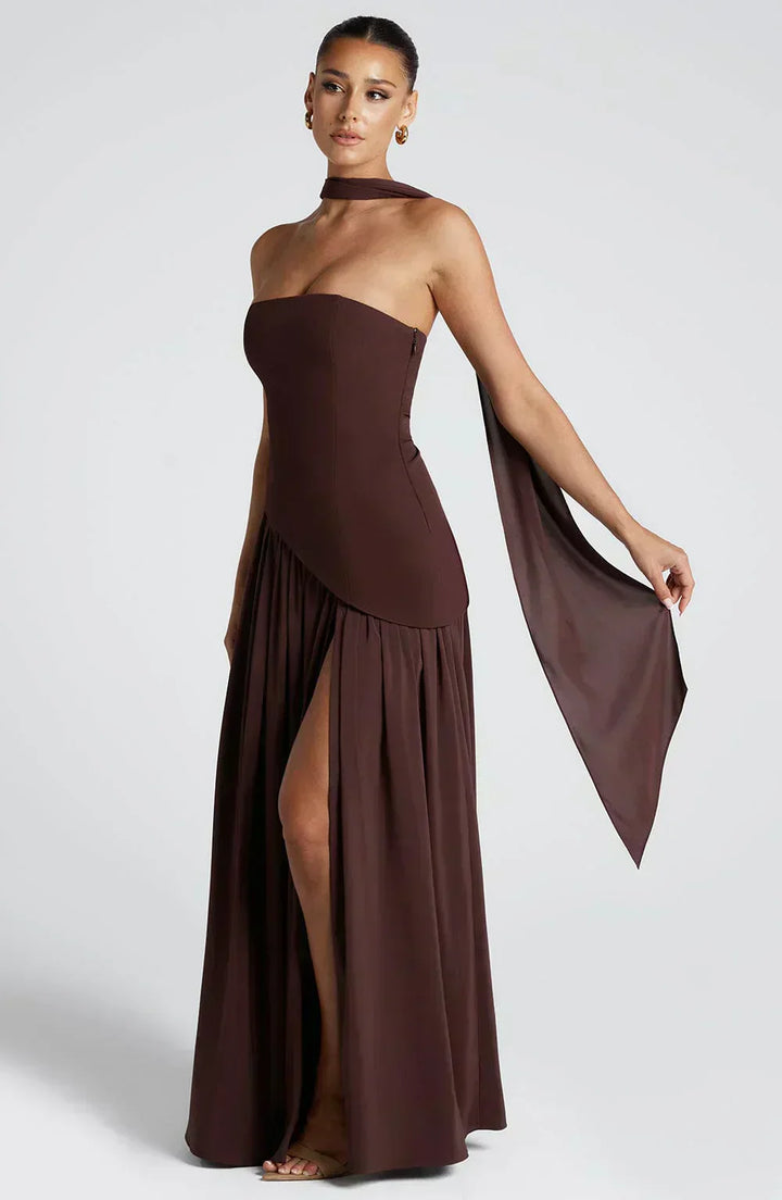 Zephyrine │ Women's Strapless Asymmetric Maxi Wedding Guest Dress With Halter Scarf