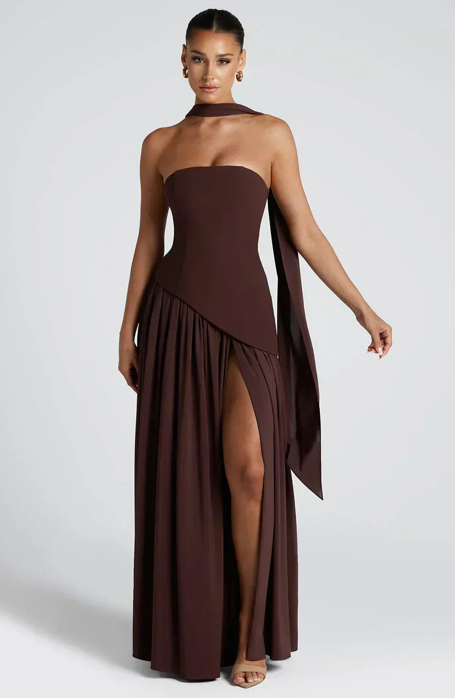 Zephyrine │ Women's Strapless Asymmetric Maxi Wedding Guest Dress With Halter Scarf