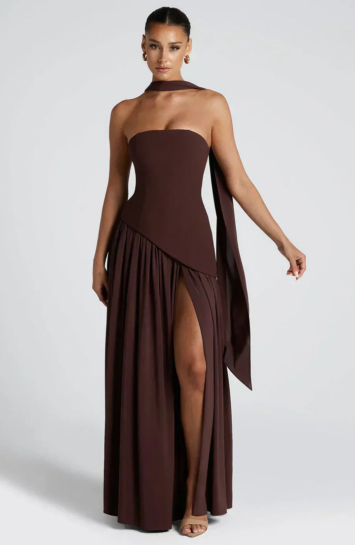 Zephyrine │ Women's Strapless Asymmetric Maxi Wedding Guest Dress With Halter Scarf