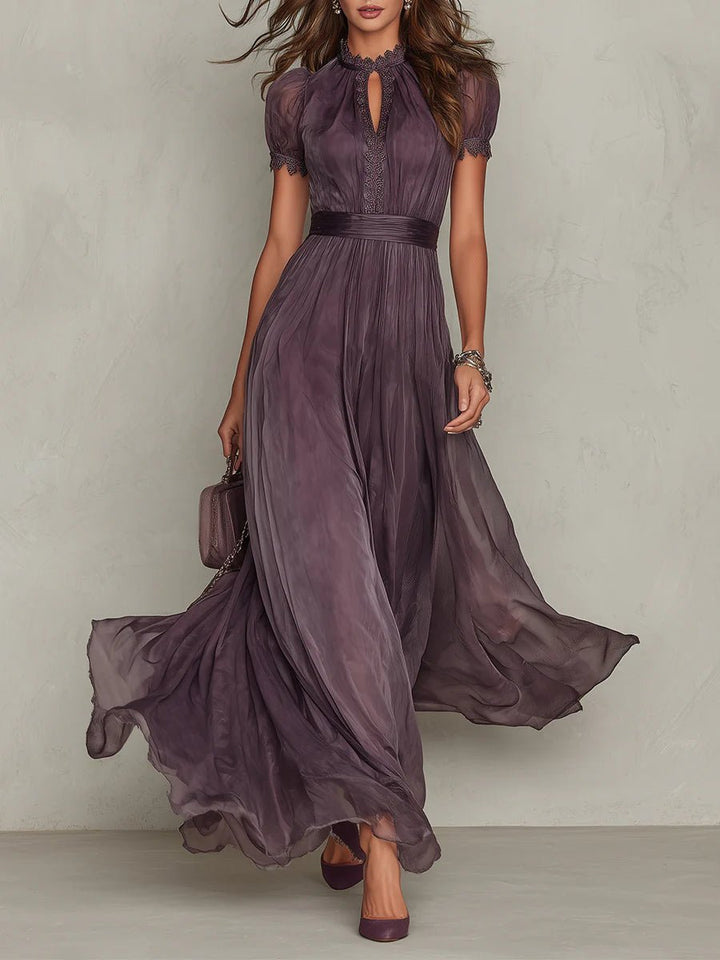 Ada │ Women's Keyhole Neck Puff Sleeve Chiffon Maxi Dress