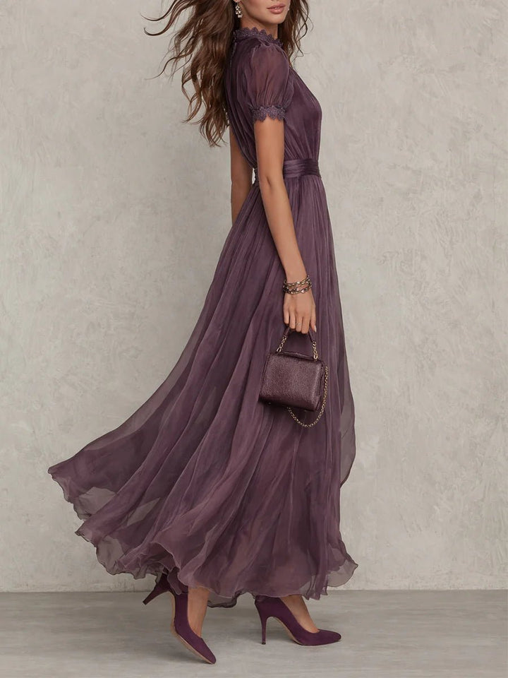 Ada │ Women's Keyhole Neck Puff Sleeve Chiffon Maxi Dress
